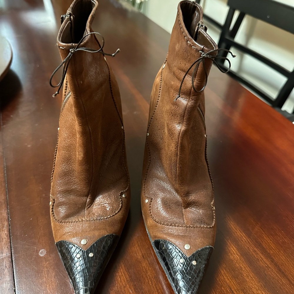 Prada Brown Leather Ankle Boots with Black Accents